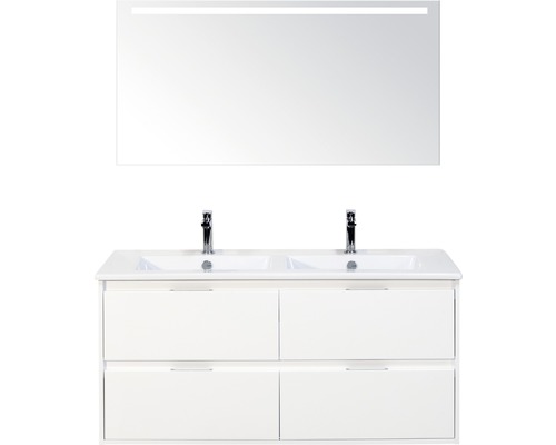 Badmöbelset 3-teilig Doppelbadmöbel Sanox Porto BxHxT 121 x 170 x 51 cm Frontfarbe weiß hochglanz mit Waschtisch Keramik weiß und Waschtischunterschrank Doppelwaschtisch Spiegel mit LED-Beleuchtung 84731301 Waschtisch mit zwei Waschbecken, Unterschrank und Spiegel mit Beleuchtung
