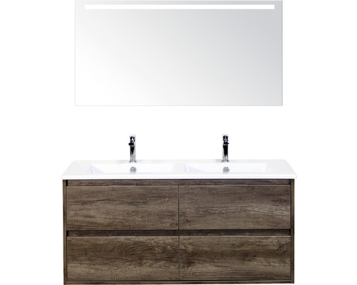 Badmöbelset 3-teilig Doppelbadmöbel Sanox Porto BxHxT 121 x 170 x 51 cm Frontfarbe nebraska oak mit Waschtisch Keramik weiß und Waschtischunterschrank Doppelwaschtisch Spiegel mit LED-Beleuchtung 84731324 Waschtisch mit zwei Waschbecken, vier Schubladen und beleuchtetem Spiegel