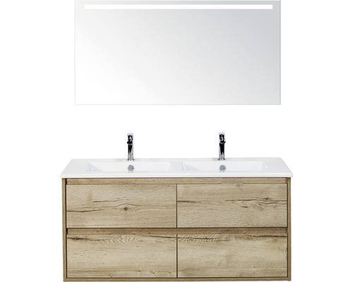 Badmöbelset 3-teilig Doppelbadmöbel Sanox Porto BxHxT 121 x 170 x 51 cm Frontfarbe eiche natur mit Waschtisch Keramik weiß und Waschtischunterschrank Doppelwaschtisch Spiegel mit LED-Beleuchtung 84731327 Badezimmermöbelset mit Doppelwaschtisch, Unterschrank und Spiegel mit Beleuchtung
