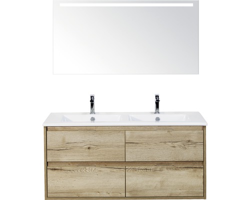 Badmöbelset 3-teilig Doppelbadmöbel Sanox Porto BxHxT 121 x 170 x 51 cm Frontfarbe eiche natur mit Waschtisch Keramik weiß und Waschtischunterschrank Doppelwaschtisch Spiegel mit LED-Beleuchtung 84731327