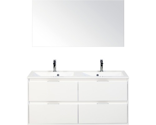 Badmöbel-Set Sanox Porto BxHxT 120 x 170 x 50 cm Frontfarbe weiß hochglanz mit Waschtisch Mineralguss weiß und Waschtischunterschrank Doppelwaschtisch Spiegel