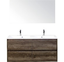 Badmöbel-Set Sanox Porto BxHxT 120 x 170 x 50 cm Frontfarbe nebraska oak mit Waschtisch Mineralguss weiß und Waschtischunterschrank Doppelwaschtisch Spiegel