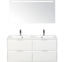 Badmöbel-Set Sanox Porto BxHxT 120 x 170 x 50 cm Frontfarbe weiß hochglanz mit Waschtisch Mineralguss weiß und Waschtischunterschrank Doppelwaschtisch Spiegel mit LED-Beleuchtung