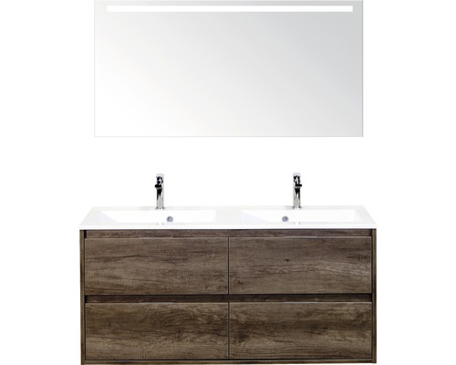 Badmöbel-Set Sanox Porto BxHxT 120 x 170 x 50 cm Frontfarbe nebraska oak mit Waschtisch Mineralguss weiß und Waschtischunterschrank Doppelwaschtisch Spiegel mit LED-Beleuchtung