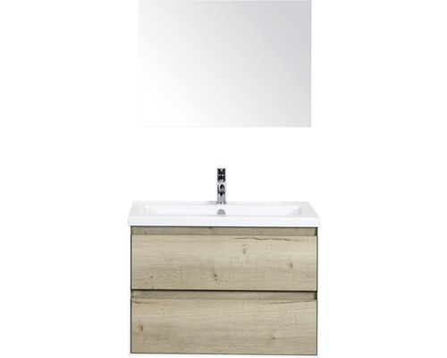 Badmöbel-Set Sanox Evora BxHxT 81 x 170 x 45,5 cm Frontfarbe eiche natur mit Waschtisch Keramik weiß und Waschtischunterschrank Waschtisch Spiegel