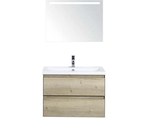 Badmöbel-Set Sanox Evora BxHxT 81 x 170 x 45,5 cm Frontfarbe eiche natur mit Waschtisch Keramik weiß und Waschtischunterschrank Waschtisch Spiegel mit LED-Beleuchtung