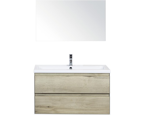Badmöbel-Set Sanox Evora BxHxT 100 x 170 x 45,5 cm Frontfarbe eiche natur mit Waschtisch Keramik weiß und Waschtischunterschrank Waschtisch Spiegel