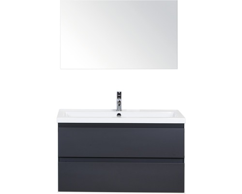 Badmöbel-Set Sanox Evora BxHxT 100 x 170 x 45,5 cm Frontfarbe anthrazit matt mit Waschtisch Keramik weiß und Waschtischunterschrank Waschtisch Spiegel