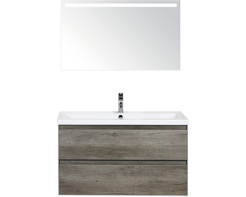 Badmöbel-Set Sanox Evora BxHxT 100 x 170 x 45,5 cm Frontfarbe nebraska oak mit Waschtisch Keramik weiß und Waschtischunterschrank Waschtisch Spiegel mit LED-Beleuchtung
