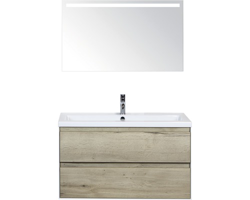 Badmöbel-Set Sanox Evora BxHxT 100 x 170 x 45,5 cm Frontfarbe eiche natur mit Waschtisch Keramik weiß und Waschtischunterschrank Waschtisch Spiegel mit LED-Beleuchtung