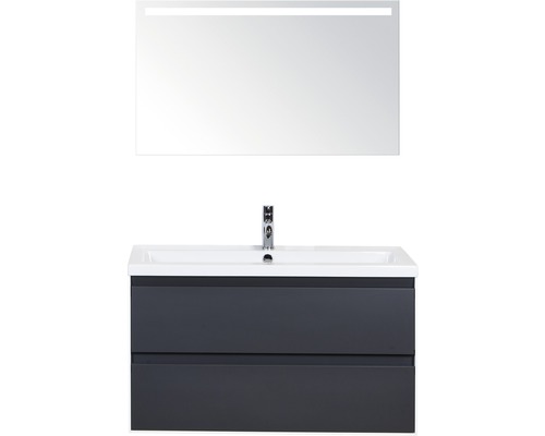 Badmöbel-Set Sanox Evora BxHxT 100 x 170 x 45,5 cm Frontfarbe anthrazit matt mit Waschtisch Keramik weiß und Waschtischunterschrank Waschtisch Spiegel mit LED-Beleuchtung