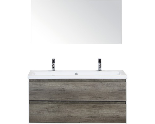 Einzelbadmöbel Sanox Evora BxHxT 120 x 170 x 45,5 cm Frontfarbe nebraska oak mit Waschtisch Keramik weiß und Waschtischunterschrank Doppelwaschtisch Spiegel 84733024