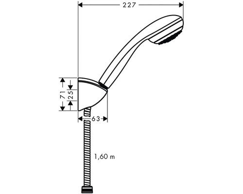 Technische Zeichnung einer Handbrause mit den Maßen 227, 71, 25 und 63 sowie einem Schlauch von 1,60 Meter Länge.