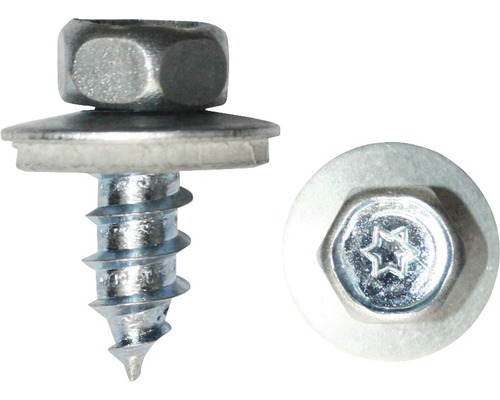 Fassadenbauschraube m. Dichtscheibe 6,5x90 mm galv. verzinkt, 100 Stück Blechschraube mit Dichtscheibe in Nahaufnahme und Detailansicht des Schraubenkopfes