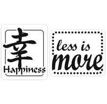 Zwei Aufkleber mit den Aufschriften Happiness und Less is more