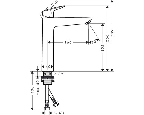 Maßzeichnung einer Waschtischarmatur