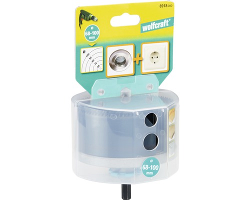 Wolfcraft Lochsäge mit einem Durchmesser von 68 bis 100 Millimeter in Verpackung.