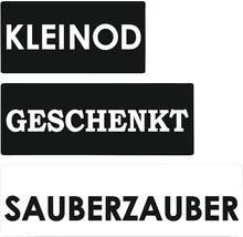 Aufkleber mit den Texten: Kleinod, Geschenkt und Sauberzauber