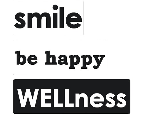 Labels "smile", "be happy", "WELLness", 3 Stück