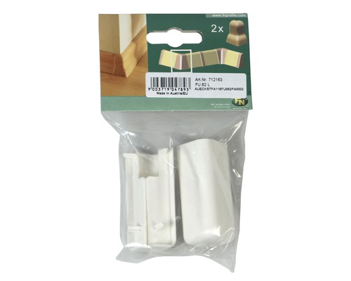 Kunststoff-Eckstücke für Sockelleisten in einer transparenten Verpackung