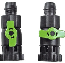 Zwei schwarze Wasserhahnverbinder mit grünem Ventil in geöffneter und geschlossener Position