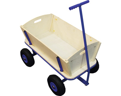 Bollerwagen mit Holzkorpus und blauem Gestell
