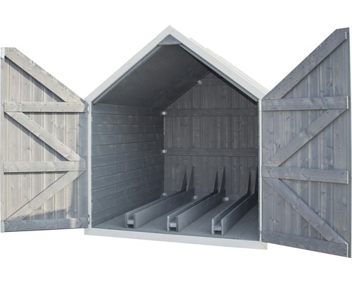 Holzfahrradschuppen mit geöffneten Flügeltüren und Halterungen für Fahrräder