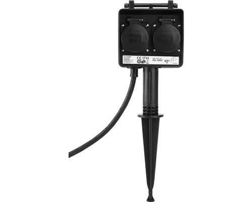 Gartensteckdose mit Erdspieß 2-fach IP44 1,5 m Kabel schwarz bis max. 3680 Watt Gartensteckdose mit zwei Anschlüssen und Erdspieß