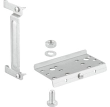 Befestigungsset für Sockelleisten, bestehend aus Halterung, Platte, Schraube, Mutter und Unterlegscheibe