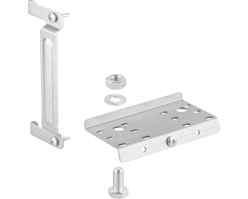 Befestigungsset für Sockelleisten, bestehend aus Halterung, Platte, Schraube, Mutter und Unterlegscheibe