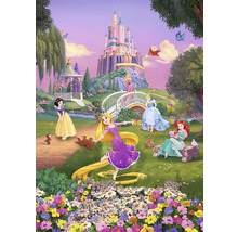 Illustration mit den Disney-Prinzessinnen vor einem Schloss in einer hellen, üppigen Gartenlandschaft.