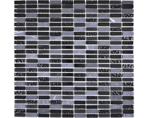 Glasmosaik mit Naturstein grau schwarz 1x3cm 31,3x31,8 cm
