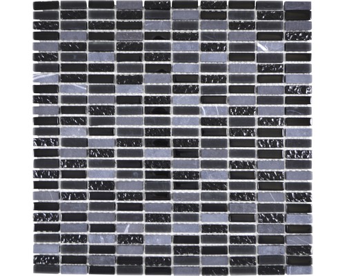 Glasmosaik mit Naturstein grau schwarz 1x3cm 31,3x31,8 cm Mosaikfliese aus Glas und Stein