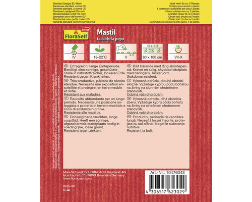FloraSelf Select Mastil Kürbis-Saatgut Verpackung mit Informationen zu Anbau und Eigenschaften