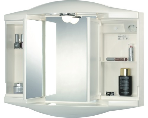 Weißer Spiegelschrank mit offenen Türen, Beleuchtung und Innenfächern zur Aufbewahrung von Badartikeln