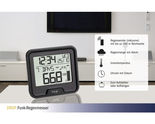 DROP Funk-Regenmesser mit Anzeige von Regenmenge, Innentemperatur und Uhrzeit