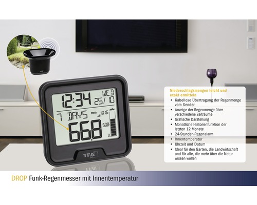 Funk-Regenmesser mit Innentemperaturanzeige von TFA