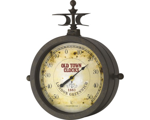Dekorative Thermometer-Uhr im Retro-Stil für den Außenbereich.