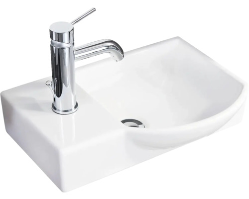FACKELMANN Möbel-Handwaschbecken A-Vero rechts 45 cm weiß Weißes Aufsatzwaschbecken mit Chromarmatur