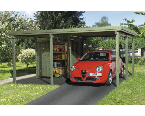 Einzelcarport weka A2 Gr. 1 inkl. Geräteraum 512x433 cm kesseldruckimprägniert Carport aus Holz mit Geräteschuppen und einem geparkten Auto