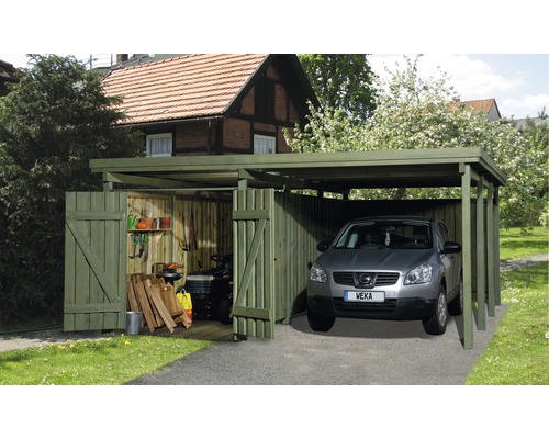 Einzelcarport weka A2 Gr. 3 inkl. Geräteraum 512x602 cm kesseldruckimprägniert Carport mit Geräteschuppen und geparktem Auto