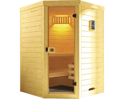 Holzsauna mit Glastür und Steuerungselement