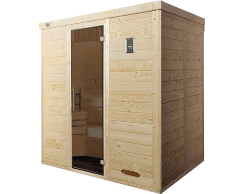 Holzsauna mit Glastür und Bedienfeld