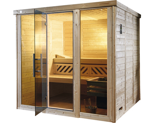 Sauna aus Holz mit Glastür
