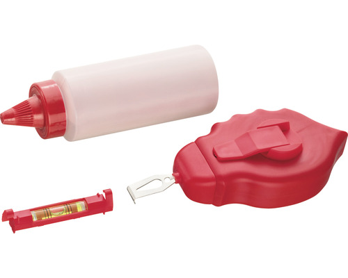 Schlagschnurgerät mit Wasserwaage und Farbbehälter