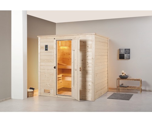 Massivholzsauna Weka Bergen HT Gr.1.8 inkl. 7,5 kW Ofen u.digitaler Steuerung ohne Fenster mit Holztüre und Isolierglas wärmegedämmt