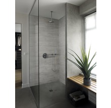 Modernes Badezimmer mit ebenerdiger Dusche, Glaswand und Betonoptik