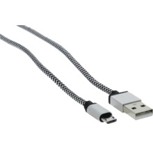 USB-A zu Micro-USB-Kabel mit schwarz-weiß geflochtener Textilummantelung und silbernen Steckern.