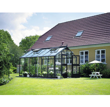 Gewächshaus aus Glas und Metall im Garten mit geöffneter Tür und Fenster