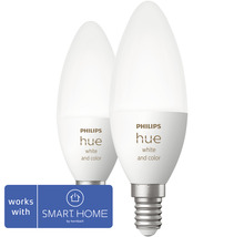 Zwei Philips Hue Leuchtmittel in Kerzenform mit E14 Fassung